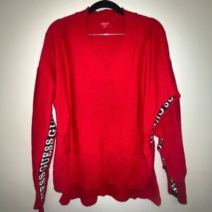 Red Guess Womens V-Neck Pullover Sweater,‎ Medium, Red